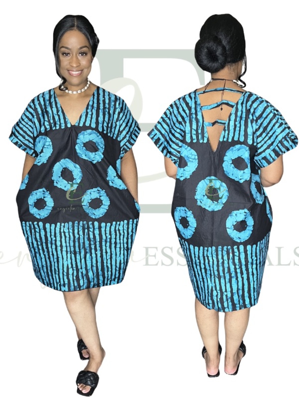 Black & Turquoise Print Open Back Mini Boubou | One Size (M–XXL)